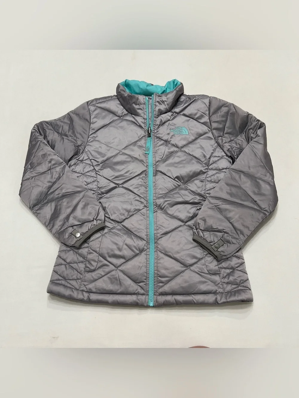 The North Face 550 Goose Down Puffer Quilted Winter Jacket Girls Med Silver/Teal